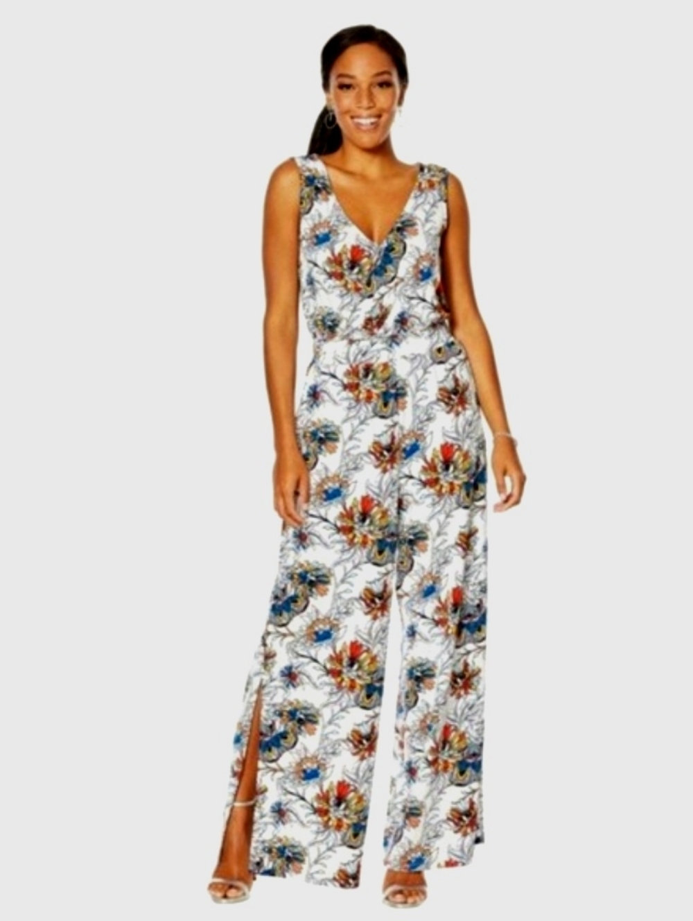 White Floral V Neck Wide Leg Sleeveless Jumpsuit 2X NWOT